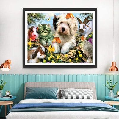 Katze, Hund und Kaninchen auf dem toten Baum Diamond Painting