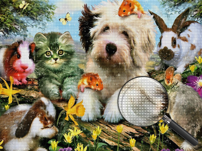 Katze, Hund und Kaninchen auf dem toten Baum Diamond Painting