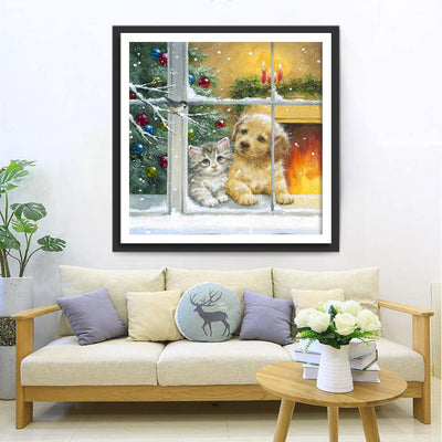 Katze, Hund, Weihnachtsbaum und Kamin Diamond Painting