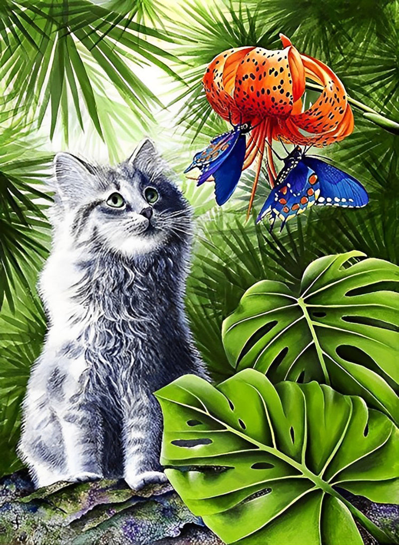 Katze im tropischen Wald Diamond Painting