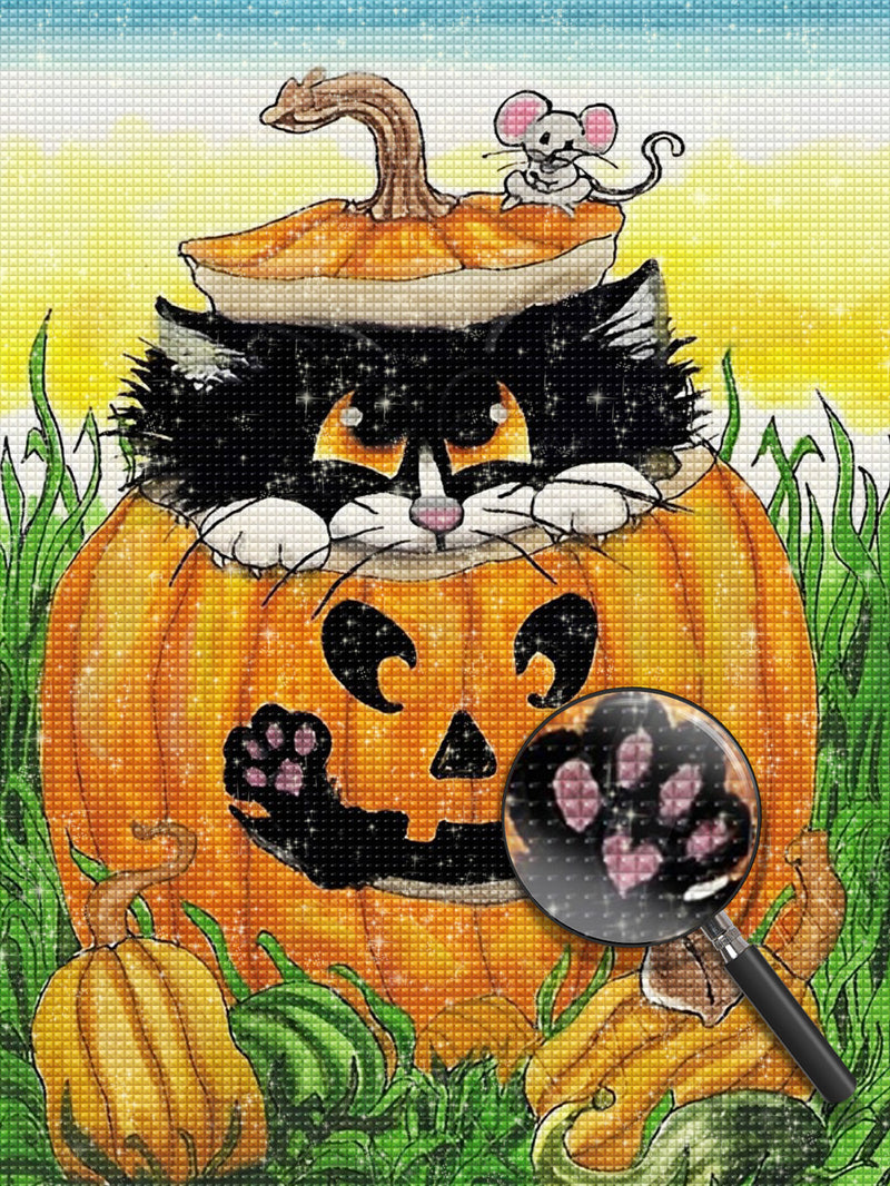 Katze in der Kürbislaterne auf dem Gras Diamond Painting