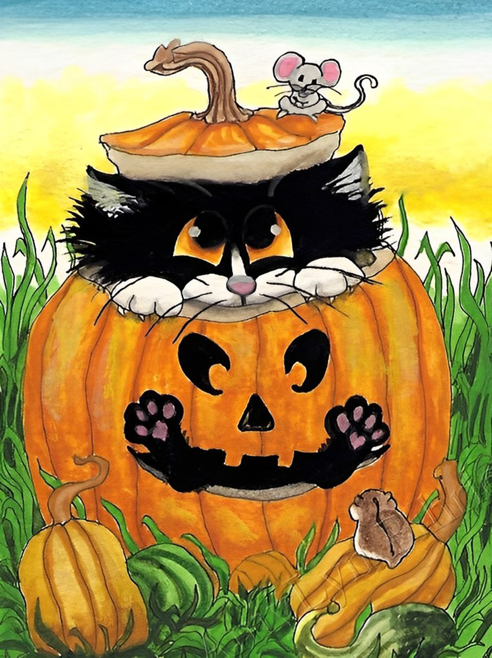 Katze in der Kürbislaterne auf dem Gras Diamond Painting