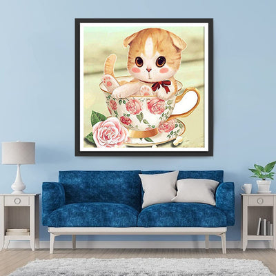 Katze in der Tasse und rosa Rose Diamond Painting