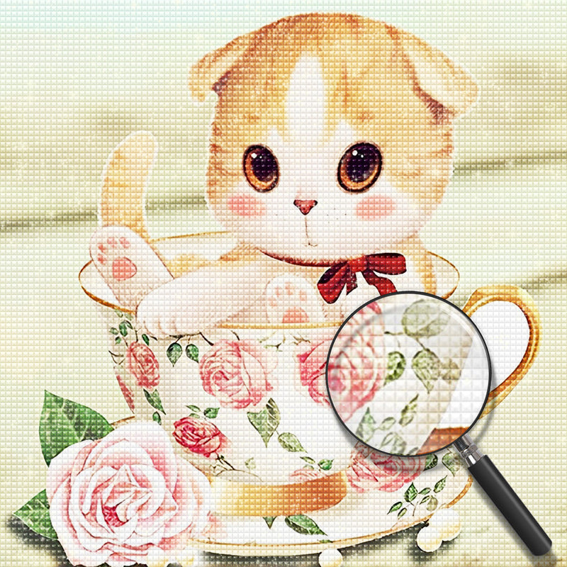 Katze in der Tasse und rosa Rose Diamond Painting