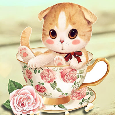 Katze in der Tasse und rosa Rose Diamond Painting