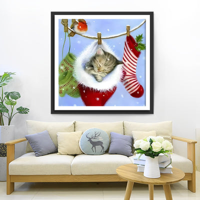 Katze in der Weihnachtsmütze Diamond Painting