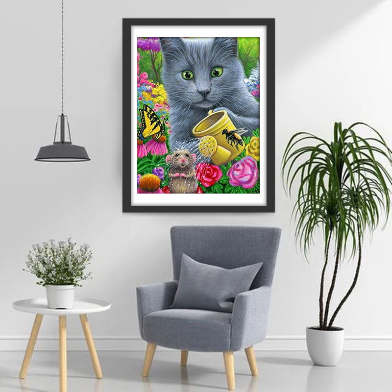 Katze Maus Schmetterling Blumen Diamond Painting