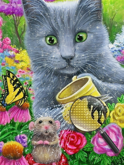 Katze Maus Schmetterling Blumen Diamond Painting