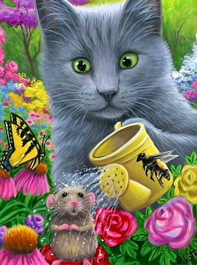 Katze Maus Schmetterling Blumen Diamond Painting