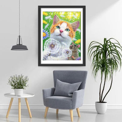 Katze, Maus und Pusteblumen Diamond Painting