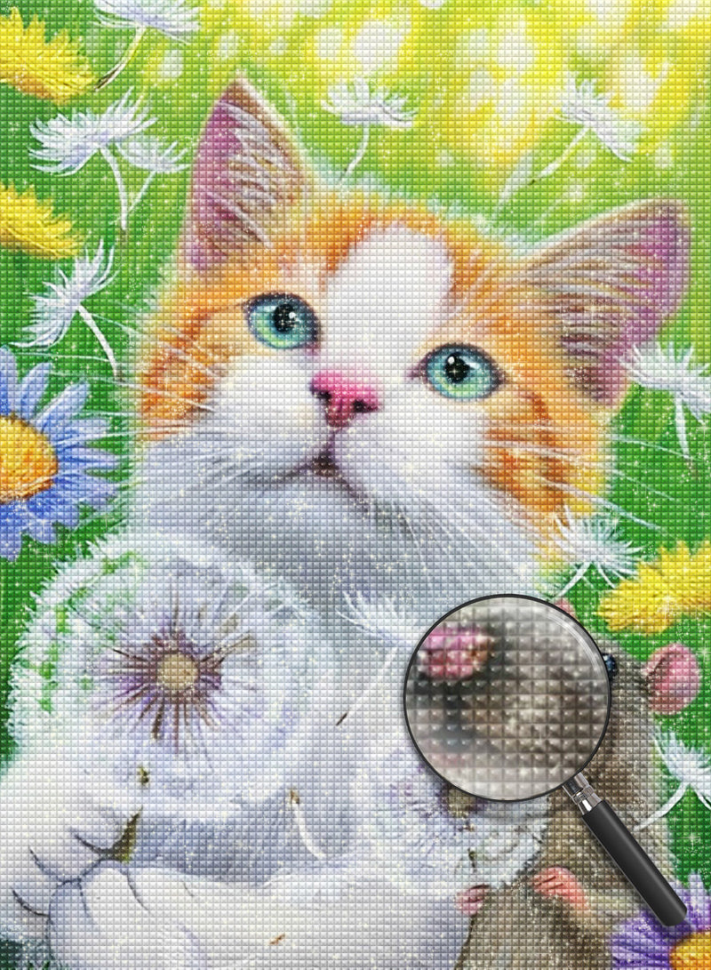 Katze, Maus und Pusteblumen Diamond Painting