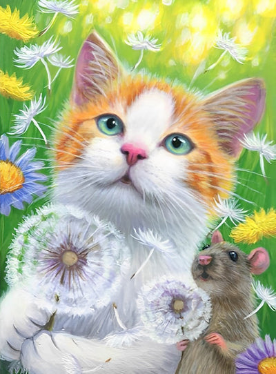 Katze, Maus und Pusteblumen Diamond Painting