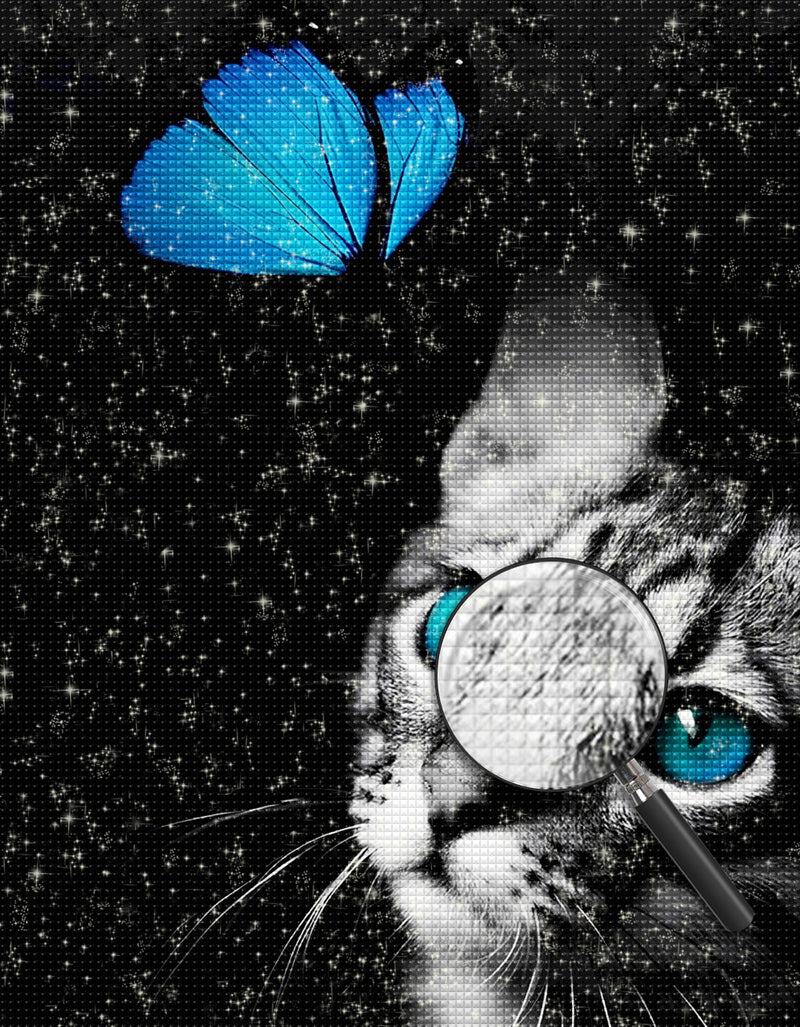 Katze mit blauen Augen und blauer Schmetterling Diamond Painting