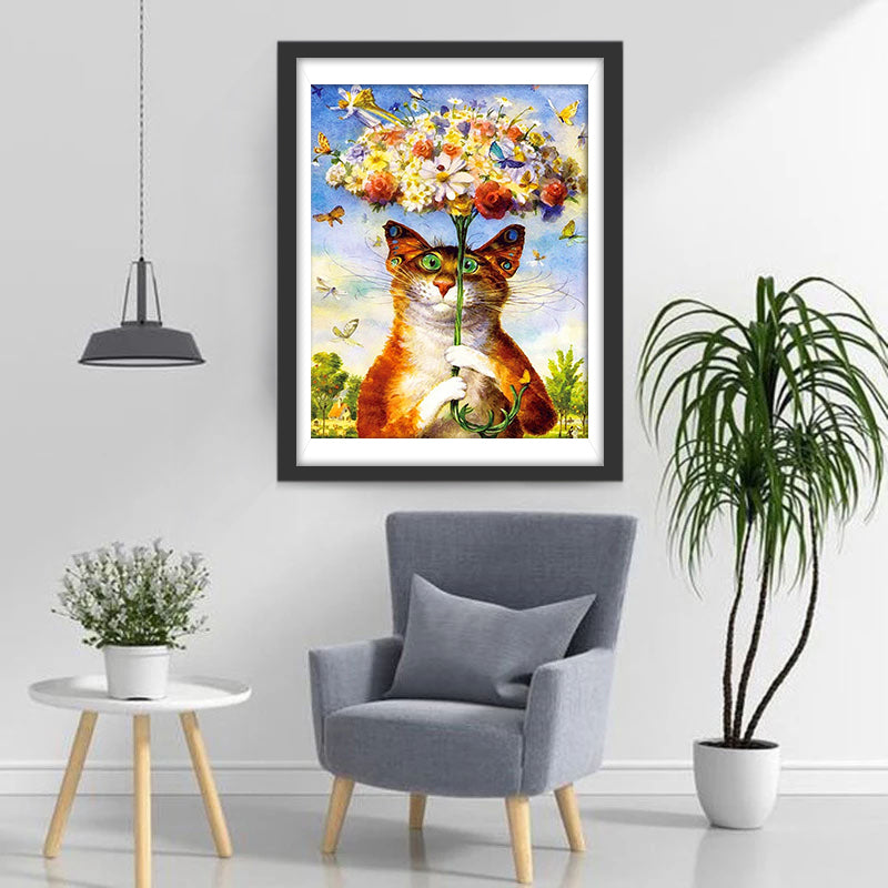 Katze mit Blumen-Regenschirm Diamond Painting