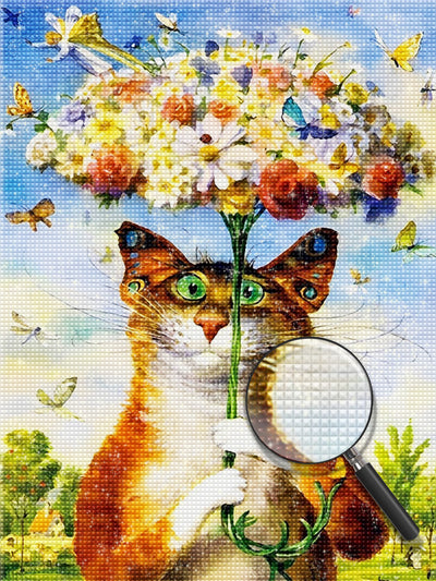 Katze mit Blumen-Regenschirm Diamond Painting