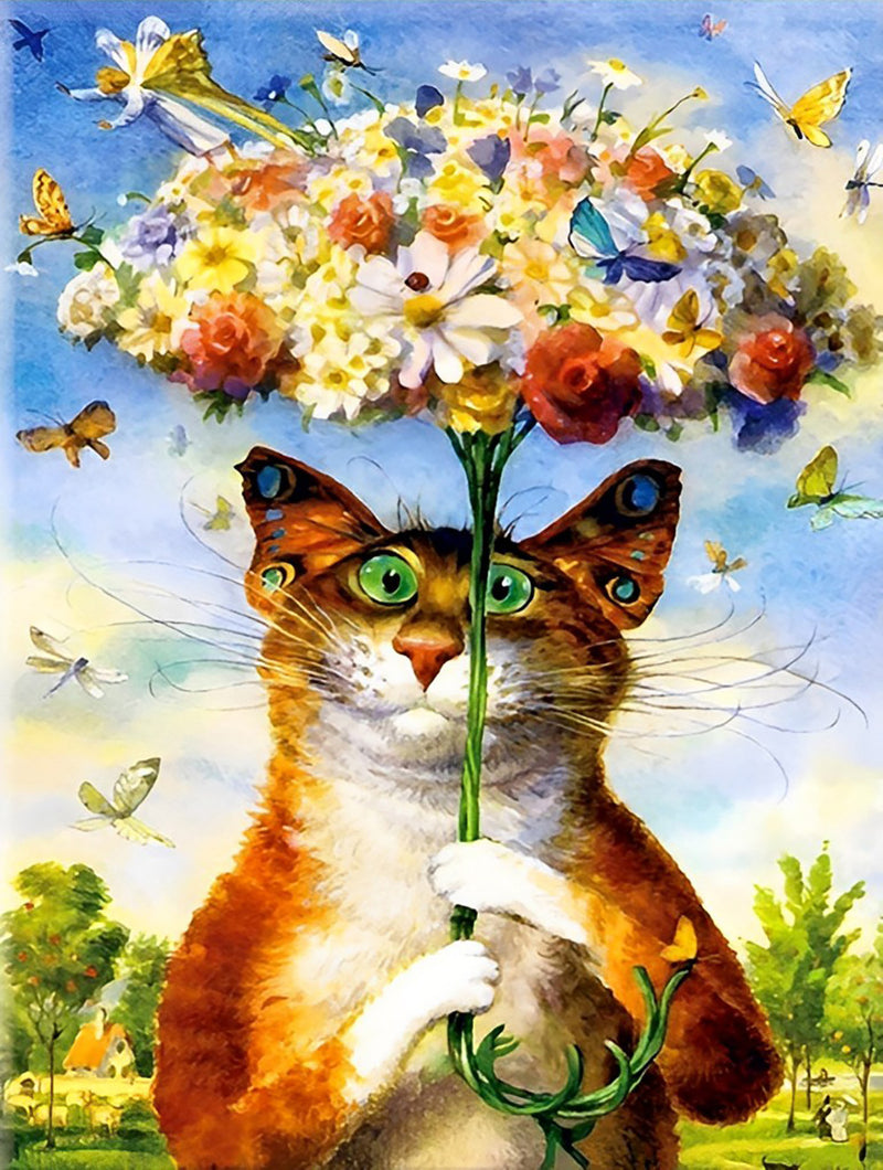 Katze mit Blumen-Regenschirm Diamond Painting