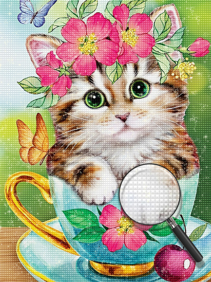 Katze mit einem Kranz in der Tasse Diamond Painting