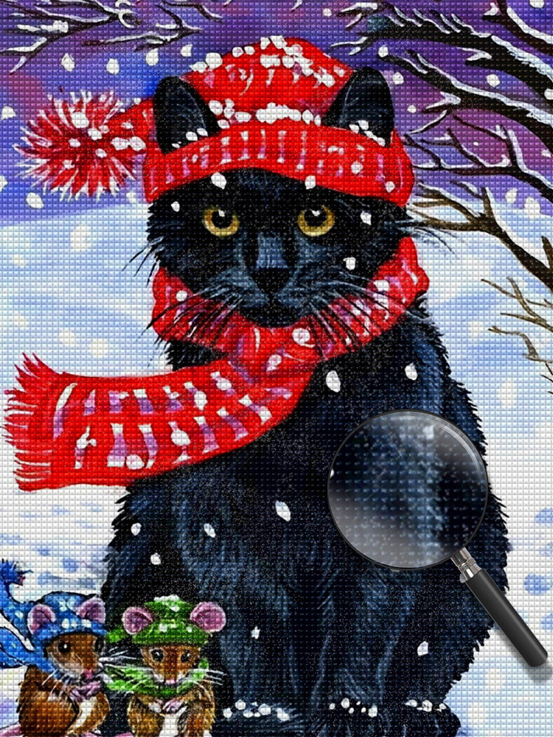 Katze mit einem roten Schal und Mäuse Diamond Painting