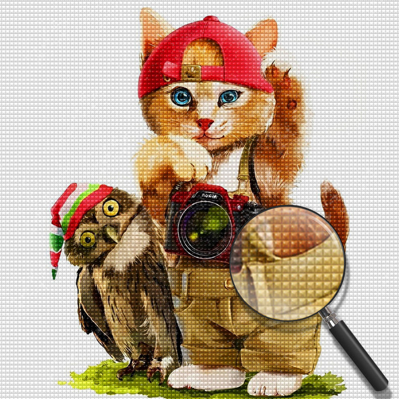 Katze mit Kamera und Eule mit Weihnachtsmütze Diamond Painting