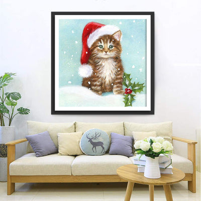 Katze mit Weihnachtsmütze im Schnee Diamond Painting