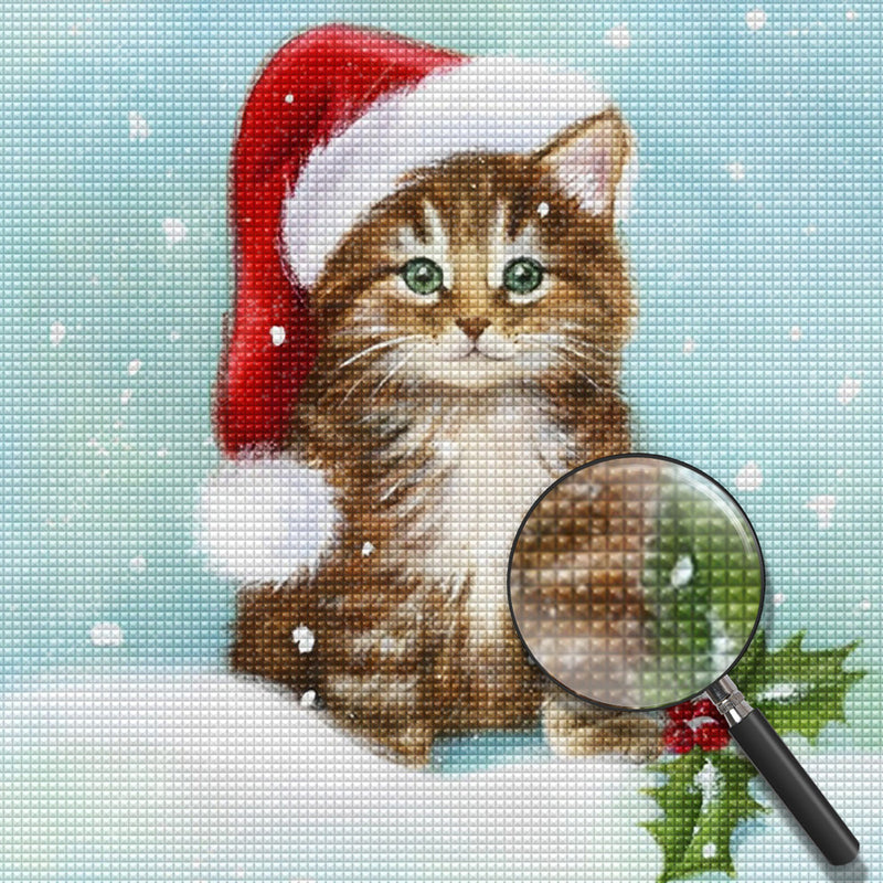 Katze mit Weihnachtsmütze im Schnee Diamond Painting