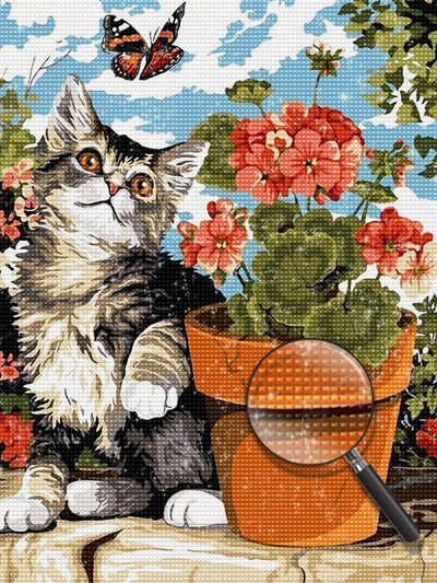 Katze neben dem Blumentopf Diamond Painting