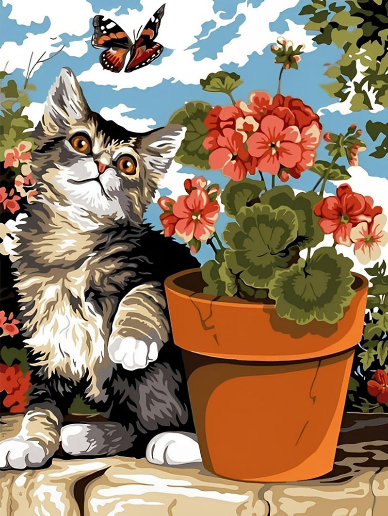 Katze neben dem Blumentopf Diamond Painting