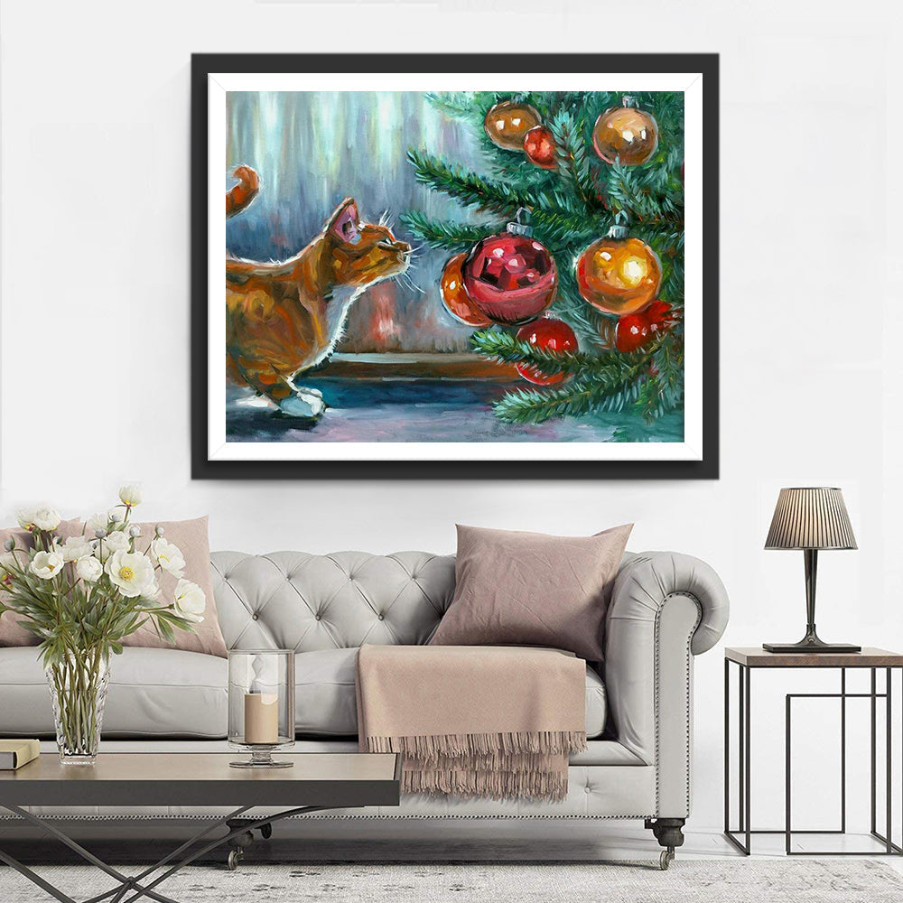 Katze neben dem Weihnachtsbaum Diamond Painting