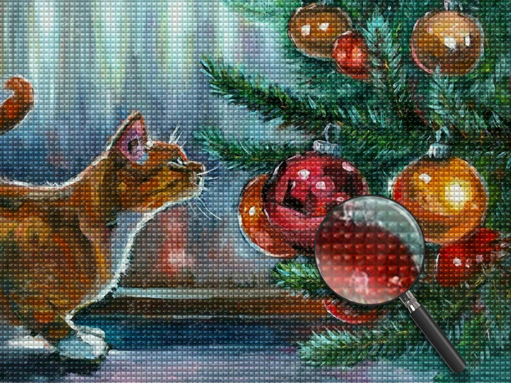 Katze neben dem Weihnachtsbaum Diamond Painting