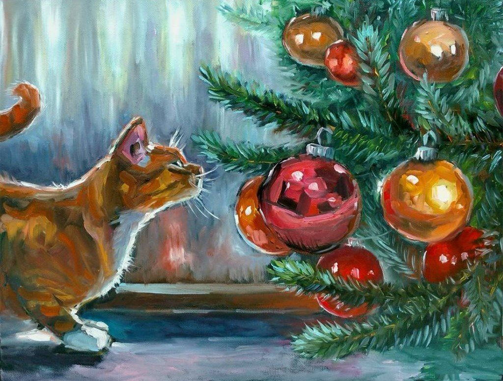 Katze neben dem Weihnachtsbaum Diamond Painting