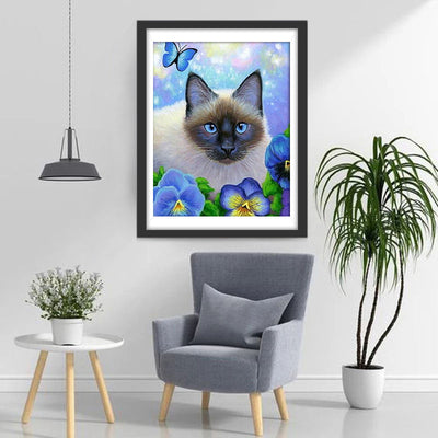 Katze und blaue Blumen Diamond Painting