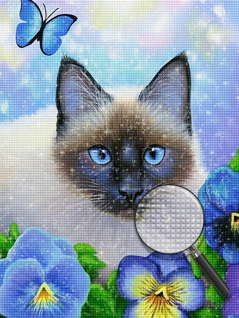 Katze und blaue Blumen Diamond Painting