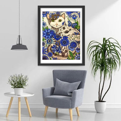 Katze und blaue Blumen Diamond Painting