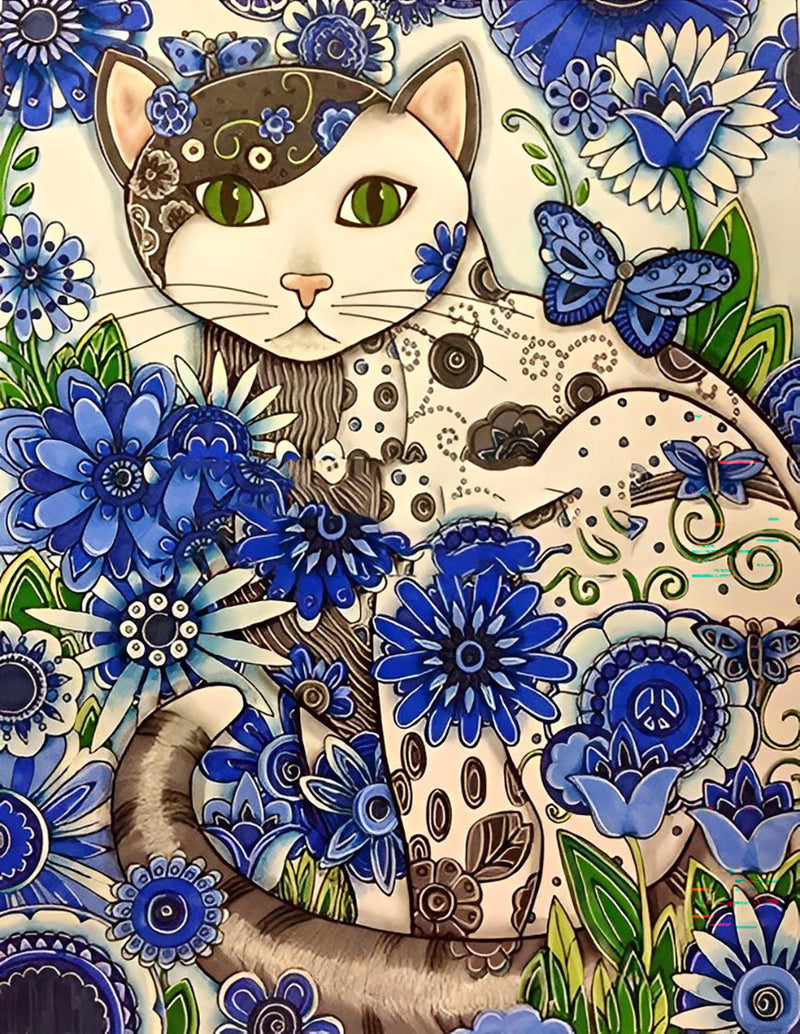 Katze und blaue Blumen Diamond Painting