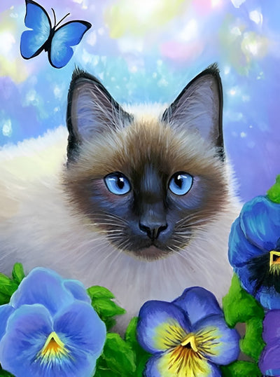 Katze und blaue Blumen Diamond Painting