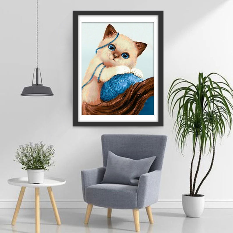 Katze und blauer Fadenkugel Diamond Painting