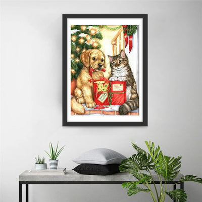 Katze und Hund mit ihren Weihnachtsgeschenken Diamond Painting