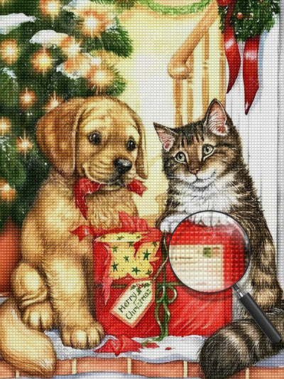 Katze und Hund mit ihren Weihnachtsgeschenken Diamond Painting