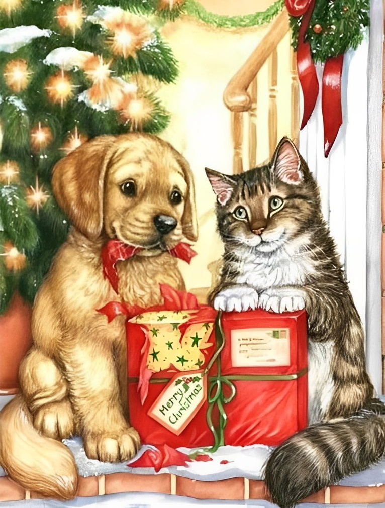 Katze und Hund mit ihren Weihnachtsgeschenken Diamond Painting