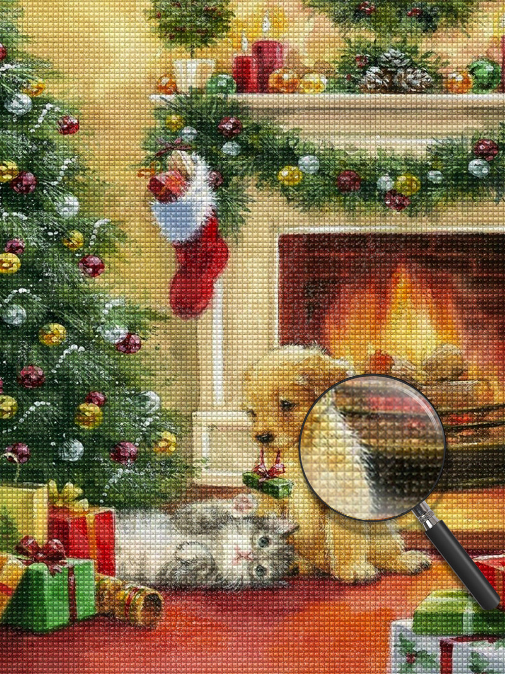 Katze und Hund unter dem Weihnachtsbaum Diamond Painting