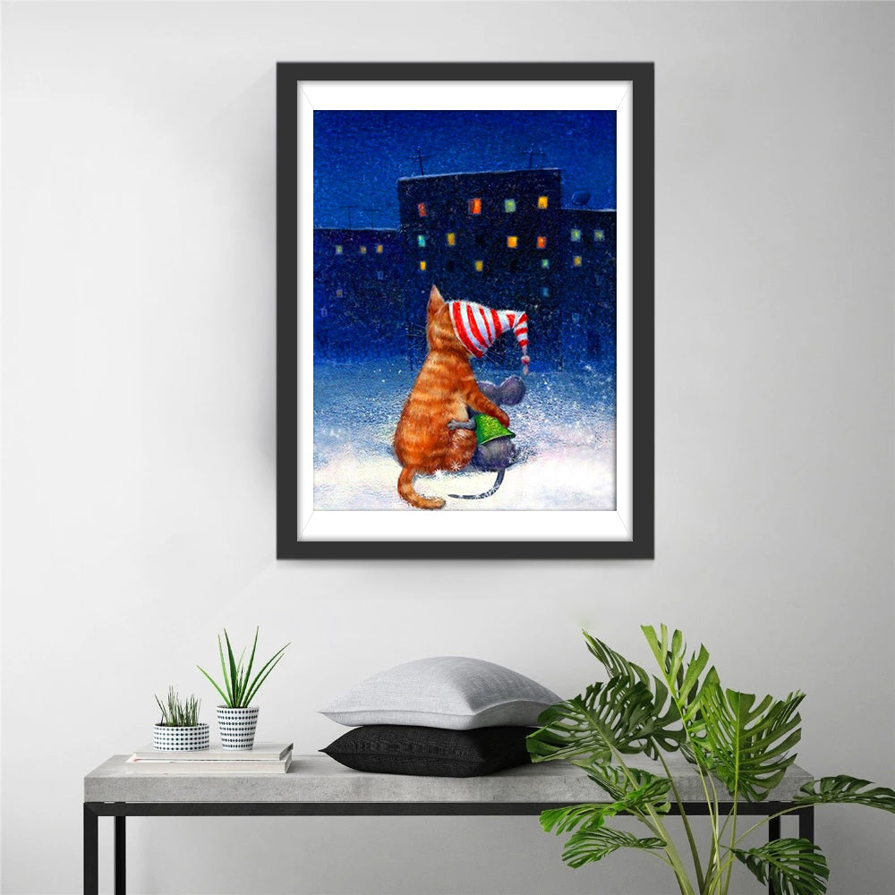 Katze und Maus in der Nacht Diamond Painting