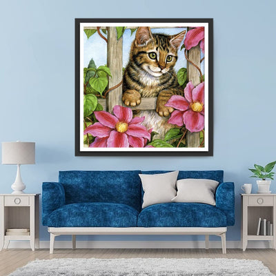 Katze und rosa Blumen Diamond Painting