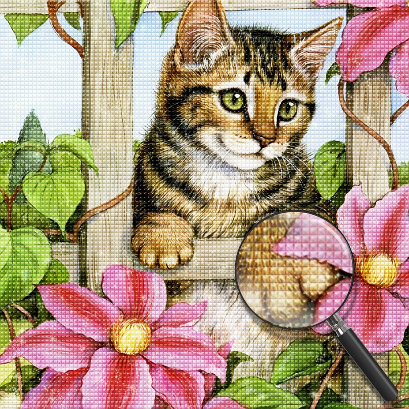 Katze und rosa Blumen Diamond Painting