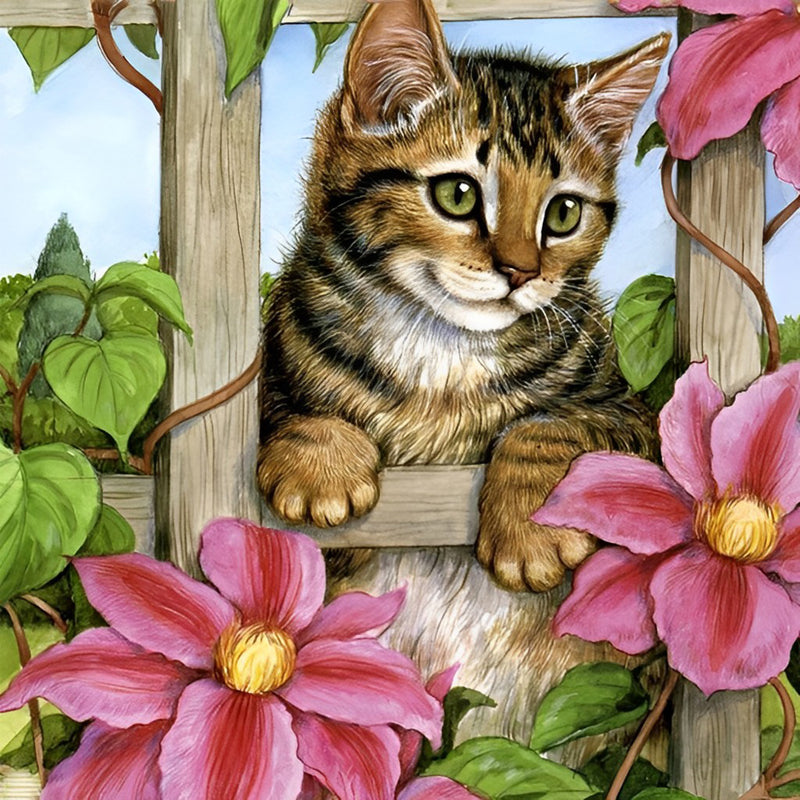 Katze und rosa Blumen Diamond Painting