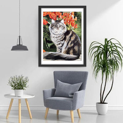 Katze und rote Blumen Diamond Painting