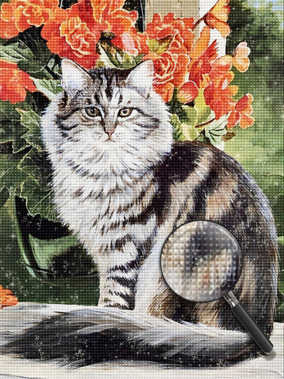 Katze und rote Blumen Diamond Painting