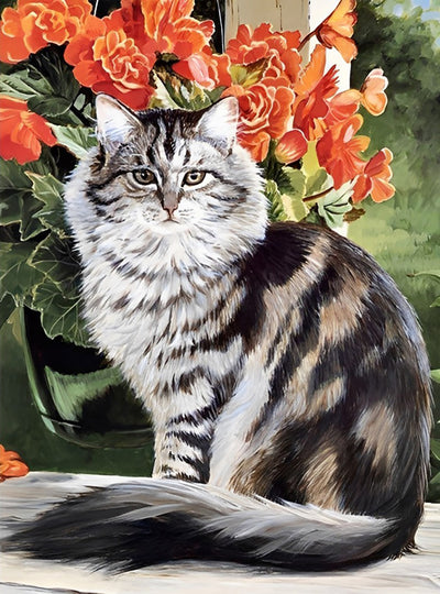 Katze und rote Blumen Diamond Painting