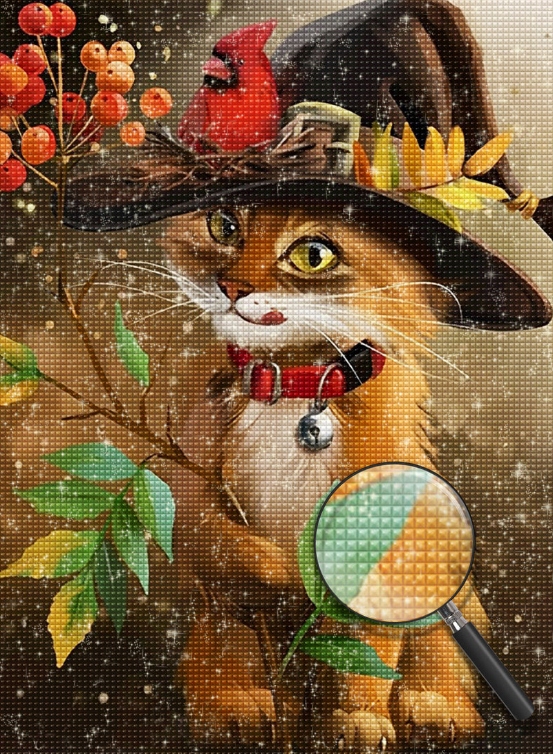 Katze und roter Vogel an Halloween Diamond Painting