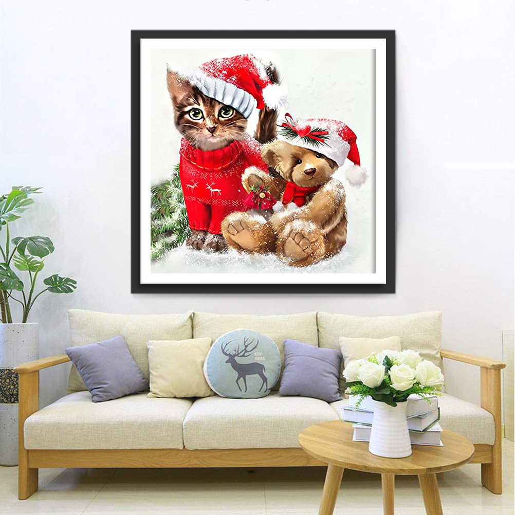 Katze und Teddybär mit Weihnachtsmützen Diamond Painting