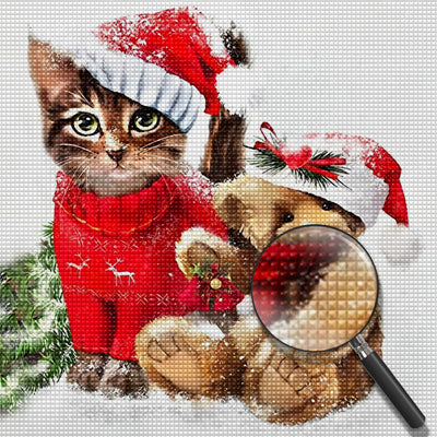 Katze und Teddybär mit Weihnachtsmützen Diamond Painting